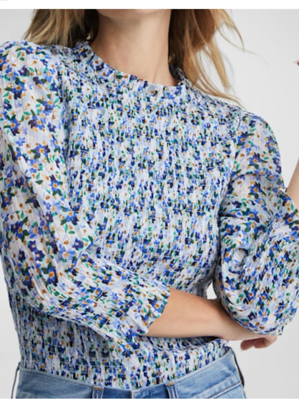 Veronica‎ Beard Kali Smocked Floral Long-Sleeve Blouse in Blue Multi Size 2